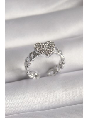 Belle Fusion Mey Ithalat® Pirinç Gümüş Renk Zirkon Taşlı Kalp Model Kadın Yüzük