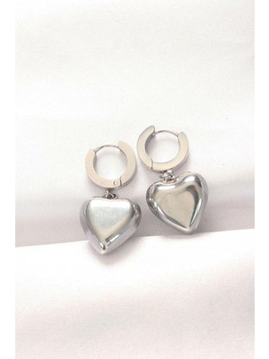 Belle Fusion Mey Ithalat® 316L Çelik Gümüş Renk Bombeli Kalp Tasarımlı Küpe