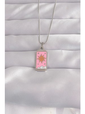 Belle Fusion Mey Ithalat® 316L Çelik Gümüş Renk Pembe Mineli Güneş Model Tarot Kolye