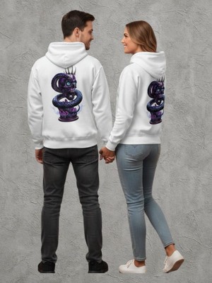 CZMD Kurukafa Yılan Baskılı Beyaz Çift Kombini Kapüşonlu Sweatshirt