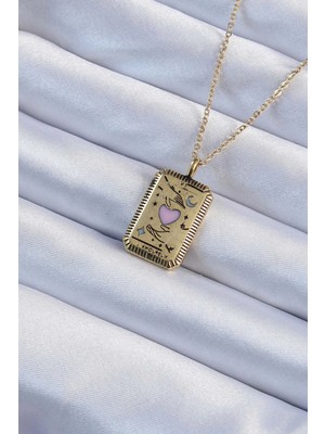Belle Fusion Mey Ithalat® 316L Çelik Zincir Eskitme Altın Renk Pembe Mineli Kalp Figürlü Tarot Kolye