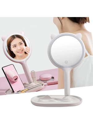 Belle Fusion Mey Ithalat® Kedi Kulaklı Telefon Standlı Yuvarlak Dokunmatik LED Ayarlı Masa Üstü Makyaj Aynası