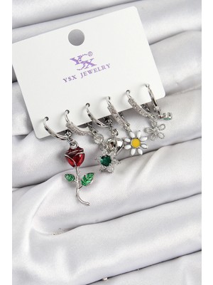 Belle Fusion Mey Ithalat® Pirinç Zirkon Taşlı Gül ve Papatya Model Gümüş Renk 3'lü Çift Kadın Küpe