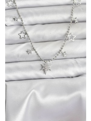 Belle Fusion Mey Ithalat® Pirinç Gümüş Renk Zirkon Taşlı Kutup Yıldızı Model Kadın Kolye