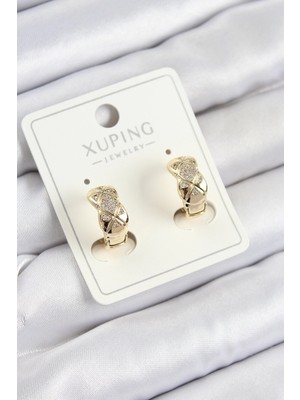 Belle Fusion Mey Ithalat® Xuping Zirkon Taşlı Geometrik Desenli Halka Model Gold Renk Kadın Küpe