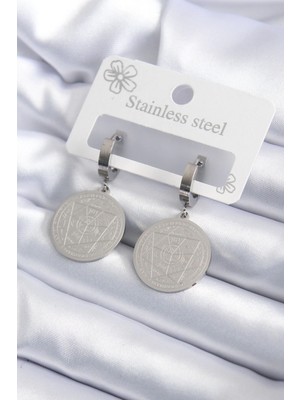 Belle Fusion Mey Ithalat® 316L Çelik Gümüş Renk Pentagram Işleme Model Kadın Küpe