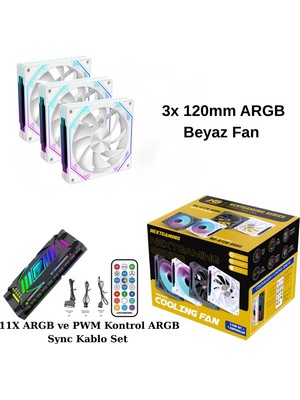 Next Gaming NG-O120W 3 Adet 120MM Argb Fan 11X Argb Pwm Slot Kontrolcü ve Kumanda Beyaz