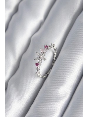 Belle Fusion Mey Ithalat® Pirinç Gümüş Renk Zirkon Taşlı Çiçek Model Pembe Zirkon Taş Detay Kadın Yüzük