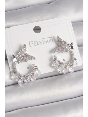 Belle Fusion Mey Ithalat® Pirinç Gümüş Renk Zirkon Taşlı Sallantı Detay Kelebek Model Kadın Küpe