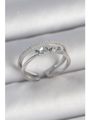 Belle Fusion Mey Ithalat® Pirinç Gümüş Renk 2'li Zirkon Taş Detaylı Kelebek Figür Ayarlanabilir Model Kadın Yüzük