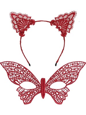 Belle Fusion Mey Ithalat® Gösterişli Kırmızı Dantel Maske ve Taç Seti 7 No – Masquerade ve Davetler Için