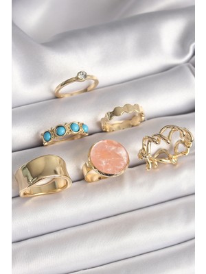 Belle Fusion Mey Ithalat® Pirinç Gold Renk Daire Pembe Mineli Zirkon Taş Detaylı 6'lı Kadın Yüzük Seti