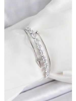 Belle Fusion Mey Ithalat® Pirinç Gümüş Renk Arpa Zirkon Taşlı Kadın Bileklik