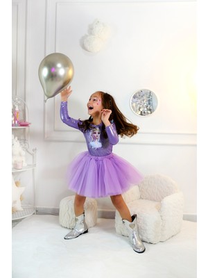 Duca Uzun Kollu Bodyli Tütülü Kız Çocuk Elbisesi-Buzlar Prensesi Baskılı