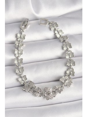 Belle Fusion Mey Ithalat® Pirinç Gümüş Renk Zirkon Taşlı Kelebek Model Zincir Kadın Bileklik