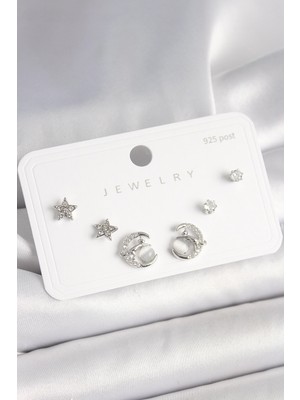 Belle Fusion Mey Ithalat® 925 Ayar Gümüş Çivi Zirkon Taşlı Hilal Yıldız Model Kadın Küpe Seti