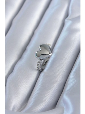 Belle Fusion Mey Ithalat® Gümüş Renk Pirinç Zirkon Taşlı Kalp Model Kadın Yüzük