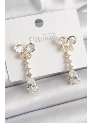 Belle Fusion Mey Ithalat® Pirinç Gold Renk Zirkon Taşlı Kelebek Model Sallantı Damla Zirkon Taş Kadın Küpe