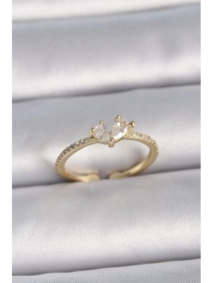 Belle Fusion Mey Ithalat® Pirinç Gold Renk Ayarlanabilir Zirkon Taşlı Kalp Model Kadın Yüzük