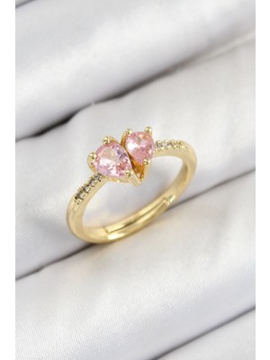 Belle Fusion Mey Ithalat® Pirinç Zirkon Taşlı Pembe Kalp Model Gold Renk Kadın Yüzük