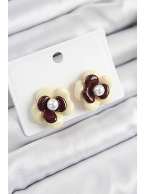 Belle Fusion Mey Ithalat® Inci Detaylı Krem Kahverengi Renk Papatya Model Kadın Küpe