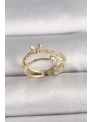 Belle Fusion Mey Ithalat® Pirinç Gold Renk Zirkon Taş Detaylı Kelebek Figür Ayarlanabilir Yüzük