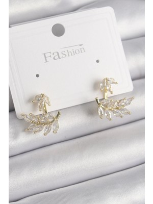 Belle Fusion Mey Ithalat® Pirinç Gold Renk Zirkon Taşlı Yaprak Model Kadın Küpe