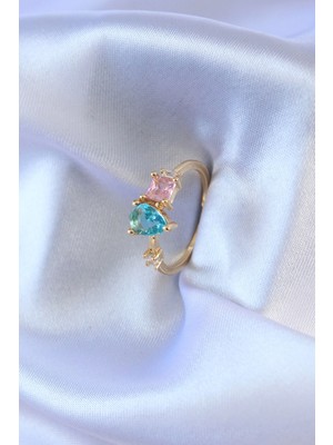 Belle Fusion Mey Ithalat® Gold Renk Renkli Zirkon Taşlı Pirinç Kadın Yüzük