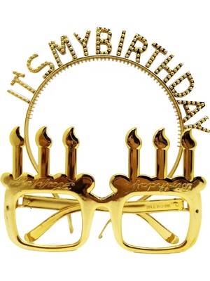 Belle Fusion Mey Ithalat® It's My Birthday Yazılı Taç ve Mum Şekilli Gözlük Seti Altın Renk Nessiworld