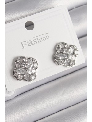 Belle Fusion Mey Ithalat® Pirinç Gümüş Renk Zirkon Taşlı Yonca Model Kadın Küpe