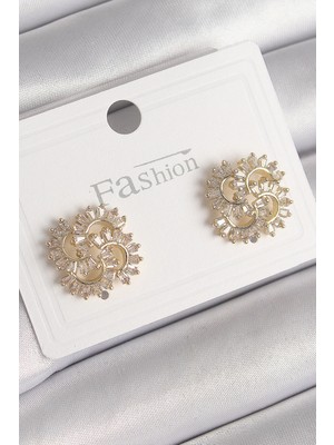 Belle Fusion Mey Ithalat® Pirinç Gold Renk Zirkon Taşlı Yonca Model Kadın Küpe