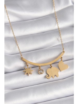 Belle Fusion Mey Ithalat® 316L Çelik Gold Renk Fil Figür Zirkon Taş Detay Kadın Kolye