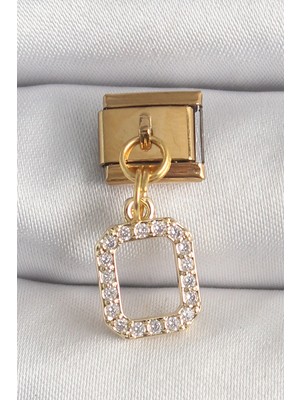 Belle Fusion Mey Ithalat® 316L Çelik Gold Renk Sallantı Kare Zirkon Taşlı Nomination Charm