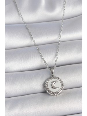 Belle Fusion Mey Ithalat® 316L Çelik Gümüş Renk Zincir Beyaz Mineli Hilal Işlemeli Madalyon Model Kadın Kolye