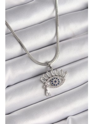 Belle Fusion Mey Ithalat® 316L Çelik Gümüş Renk Italyan Zincir Zirkon Taşlı Göz Model Kadın Kolye