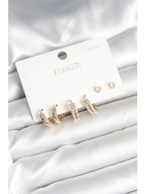 Belle Fusion Mey Ithalat® Pirinç Gold Renk Zirkon Taşlı 925 Gümüş Çivili Kadın Küpe Seti