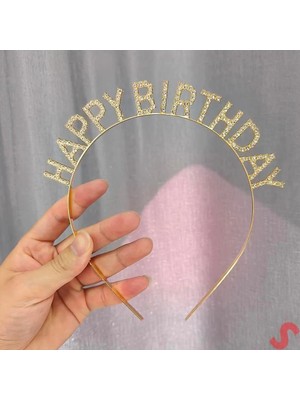 Belle Fusion Mey Ithalat® Altın Gold Renk Kristal Taşlı Parlak Happy Birthday Taç 16X17 cm