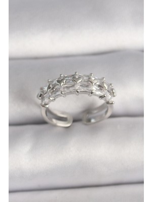 Belle Fusion Mey Ithalat® Pirinç Gümüş Renk Zirkon Taşlı Ayarlanabilir Yüzük