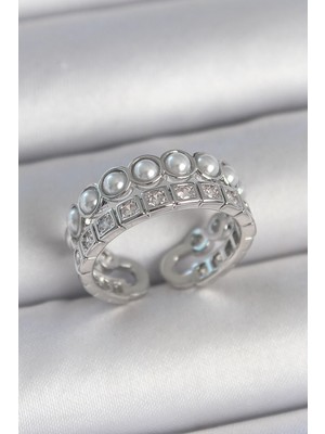 Belle Fusion Mey Ithalat® Pirinç Gümüş Renk 2'li Sıra Zirkon Taşlı ve Incili Ayarlanabilir Kadın Yüzük