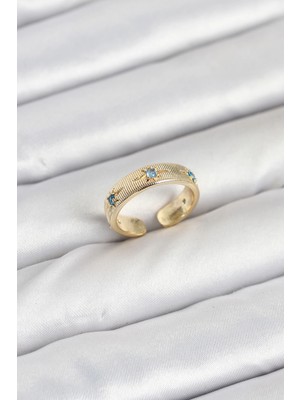 Belle Fusion Mey Ithalat® Pirinç Gold Renk Mavi Zirkon Taşlı Kutup Yıldızı Model Kadın Yüzük