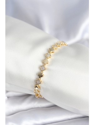 Belle Fusion Mey Ithalat® Pirinç Gold Renk Zirkon Taşlı Yonca Model Kadın Bileklik