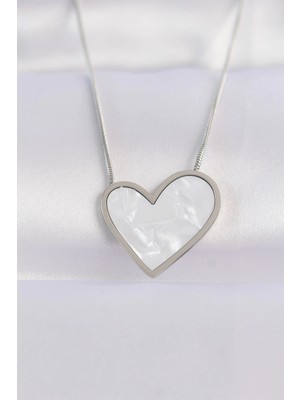 Belle Fusion Mey Ithalat® 316L Çelik Zincir Gümüş Renk Mermer Desenli Kalp Kolye