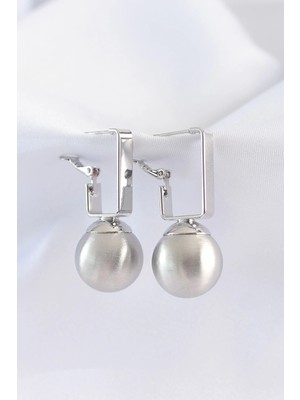 Belle Fusion Mey Ithalat® Pirinç Gümüş Renk Dikdörtgen Detay Oval Küpe