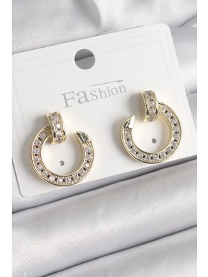 Belle Fusion Mey Ithalat® Pirinç Gold Renk Zirkon Taşlı Çivi Halka Model Kadın Küpe