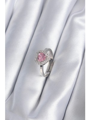 Belle Fusion Mey Ithalat® Pirinç Gümüş Renk Pembe Zirkon Taşlı Charm Model Kadın Yüzük