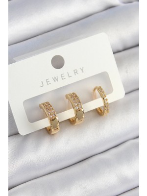 Belle Fusion Mey Ithalat® Pirinç Zirkon Taşlı Halka Model Gold Renk 3'lü Çift Kadın Küpe Set
