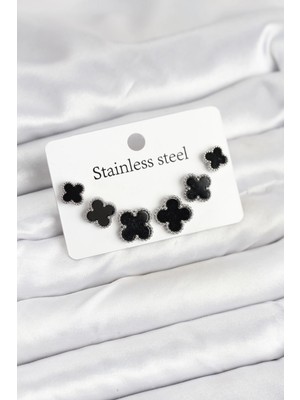 Belle Fusion Mey Ithalat® 316L Çelik Gümüş Siyah Renk 3 Boy Yonca Küpe Seti