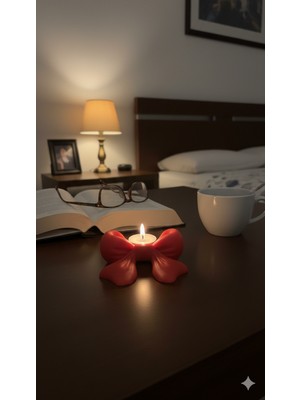 Crealis Estetik Kırmızı Fiyonk Tealight Mumluk - 3D Yazıcı Özel Tasarım