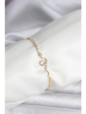 Belle Fusion Mey Ithalat® Yılan Model Zirkon Taşlı Gold Renk Pirinç Su Yolu Kadın Bileklik