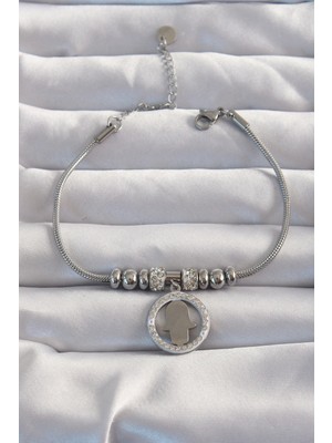 Belle Fusion Mey Ithalat® 316L Çelik Gümüş Renk Zirkon Taş Aksesuarlı Fatma Ana Eli Bileklik